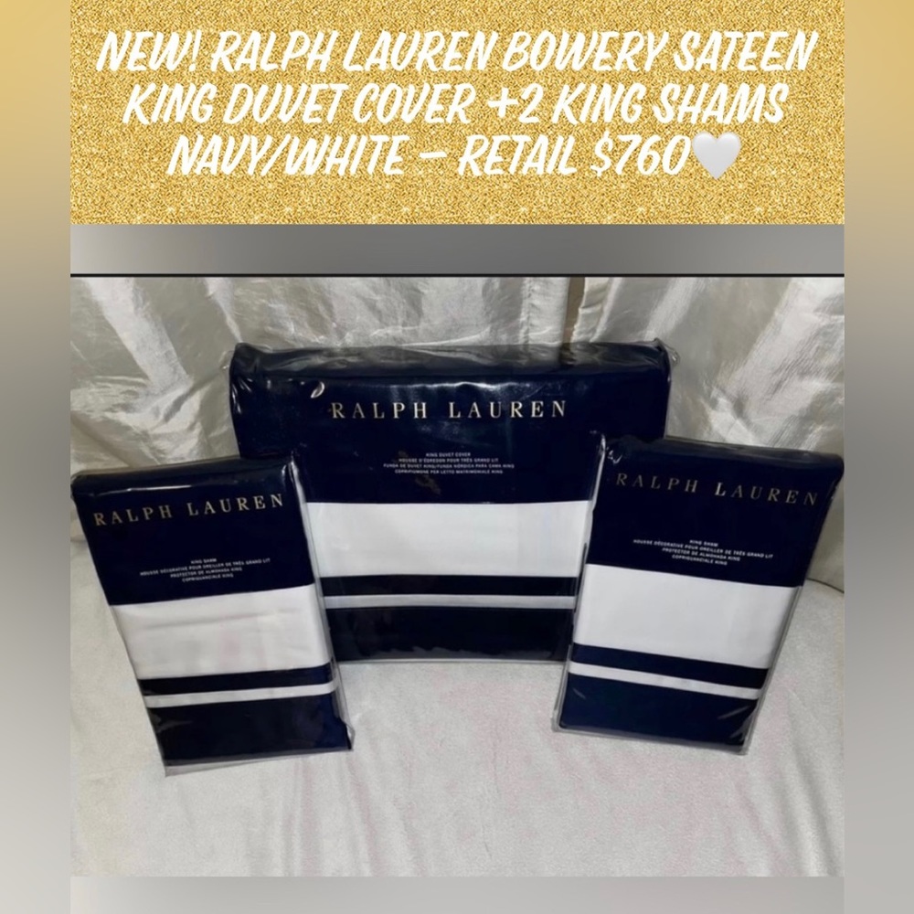 New! Ralph Lauren Bowery Sateen King Duvet Cover +2 King Shams Navy/White $760🤍